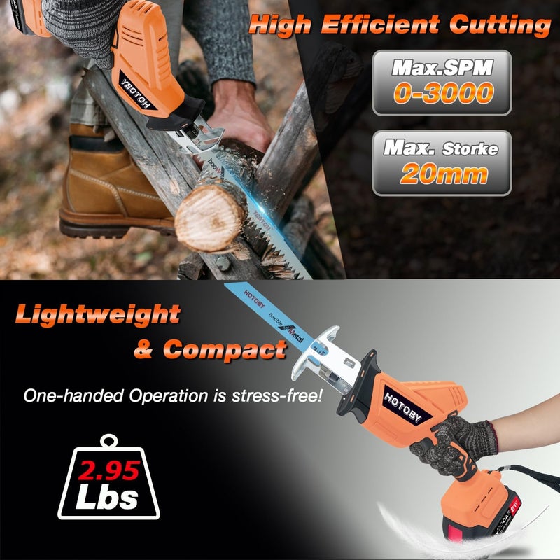 hotoby Reciprocating Saw, Cordless, Electric Reciprocating Saw with 2 Batteries, Includeds 8 Blades Kit, Tool-free Blade Change, Variable Speed, Multi-Purpose, For DIY Wood Metal PVC Cutting (Orange) - Image 4